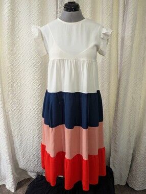 Womens Colorblock Tiered Maxi Dress - White Navy Peach Red. Size Small.